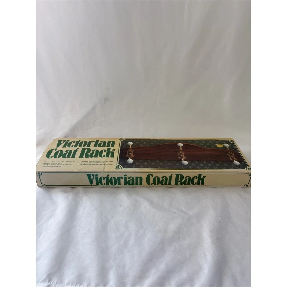 Vtg Victorian Coat Rack New In Box Wood Wall Mounted Brass Hooks Cottagecore NOS